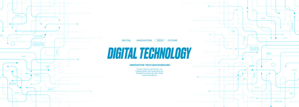 Tech banner with flowing lines and circuit patterns. Digital background featuring abstract network connections and futuristic design elements in blue and white. Technology banner backdrop