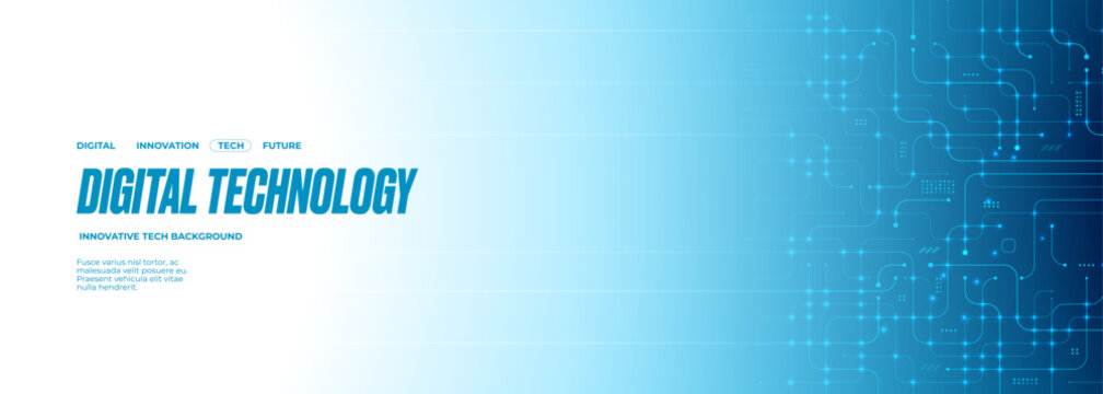 Tech banner with flowing lines and circuit patterns. Digital background featuring abstract network connections and futuristic design elements in blue and white. Technology vector banner bg