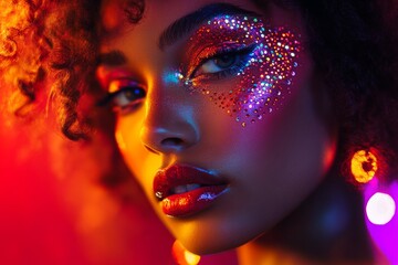 Obraz premium Model showcases vibrant rhinestone makeup in a colorful lighting display