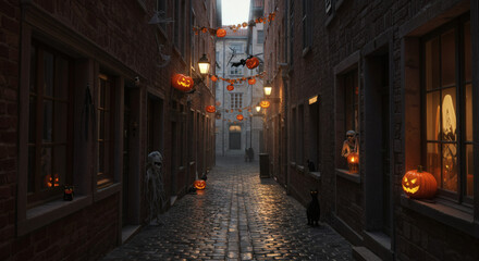 Fototapeta premium A historic, narrow European alleyway decorated for Halloween. Cobblestones are wet with rain, ancient buildings are adorned with subtle, sinister decorations, and a single black cat watches from a sha