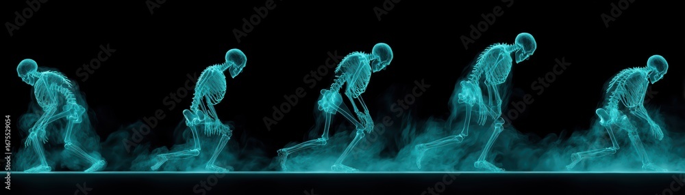 Poster a glowing representation of skeletons in various poses, illustrating movement and the skeletal struc