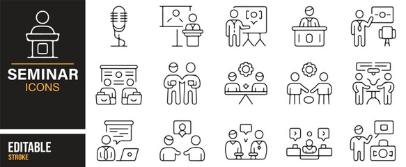 Icon collection for seminar events, showing speakers, audiences, and business meetings, ideal for professional content.