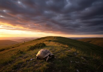 A solitary tortoise traverses a grassy hill during a dramatic sunset, bathed in golden light