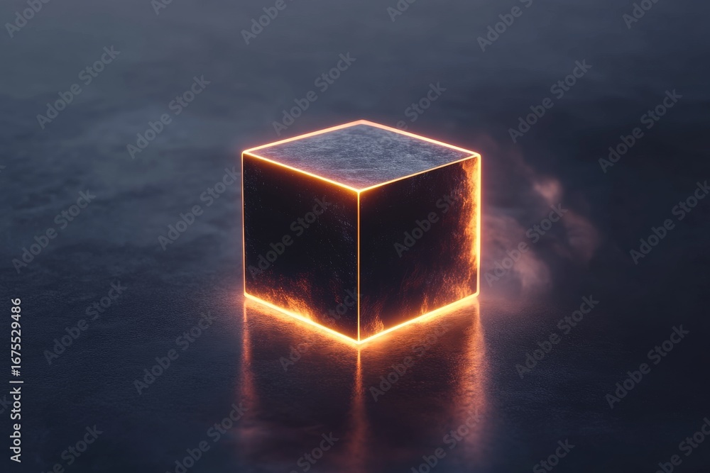 Poster glowing metallic cube with fiery edge on reflective surface