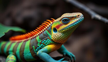 Fototapeta premium Colorful lizard close-up with intricate patterns and textures in a natural setting, showcasing the beauty of wildlife and nature - AI Generated Digital Art