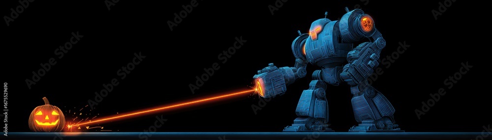 Poster a robot with glowing features uses a laser to carve a pumpkin, creating a unique blend of technology