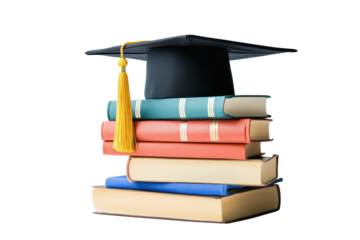 Stacked books with a graduation cap symbolizing academic achievement and educational milestones in a bright and simple setting