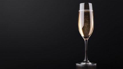 Elegant champagne glass with bubbles on black background for celebrations