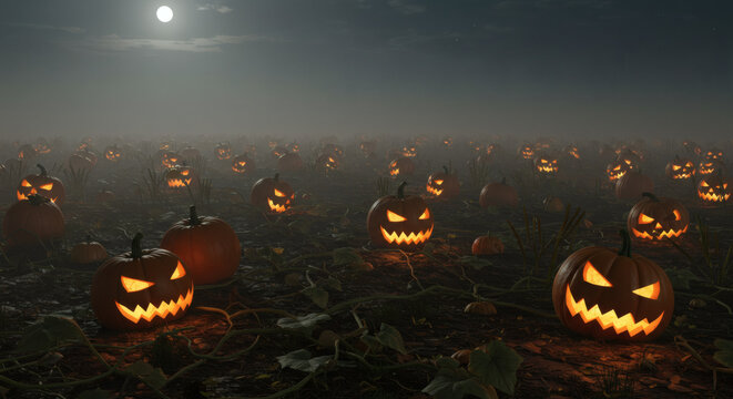 A fog-covered pumpkin patch the night after Halloween. abandoned, slightly smashed jack-o-lanterns lie scattered amongst the twisted vines, creating a quiet, post-celebration melancholy atmosphere