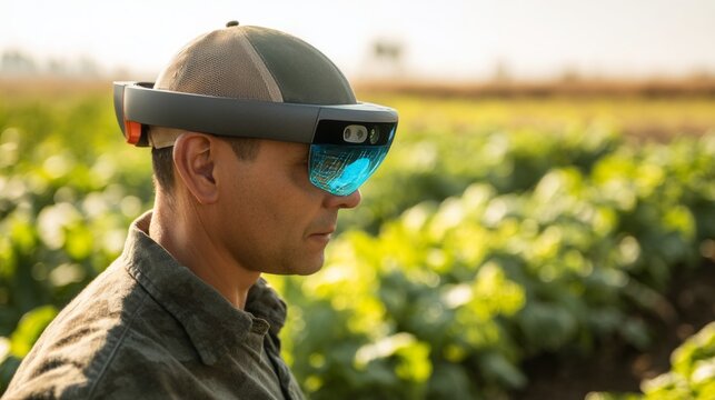 Farmer using ar glasses for enhanced crop monitoring and visualization