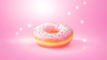 Pink frosted donut with sprinkles on pastel background for bakery advertisement