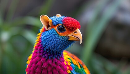 Fototapeta premium Colorful bird portrait with intricate feather details and stunning textures, showcasing nature's beauty in a unique artistic style - AI Generated Digital Art