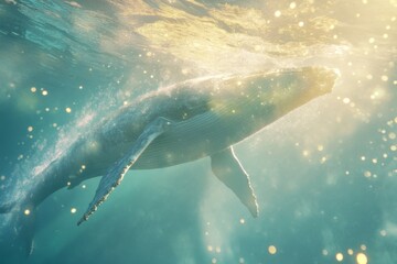 Fototapeta premium Majestic whale underwater close-up with sunlight glimmers