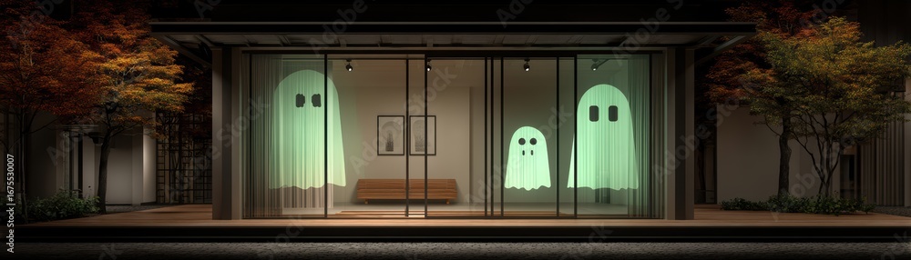 Poster a modern building features glowing ghost figures in its windows, surrounded by autumn trees, creatin