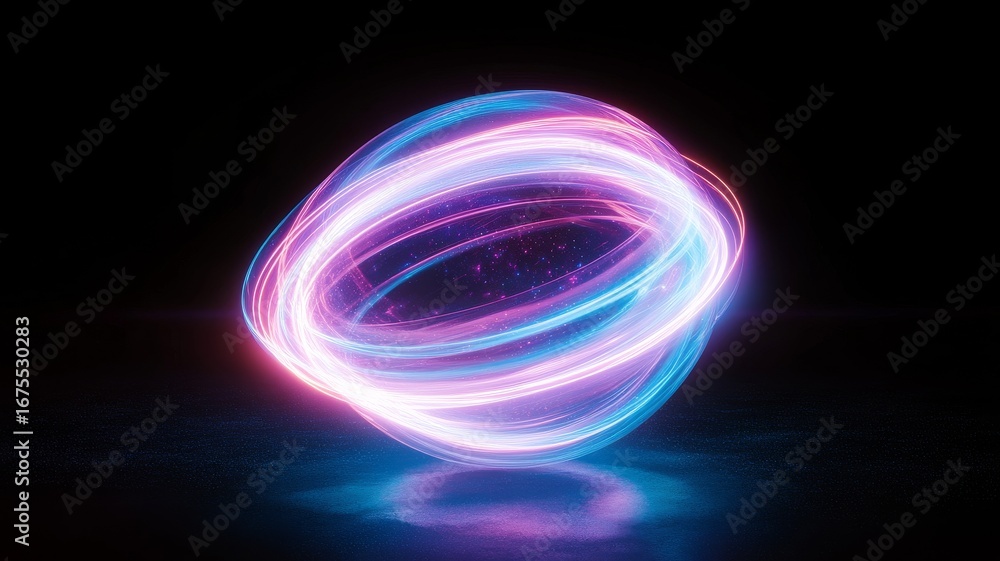 Poster Glowing neon sphere in motion with rotating magic circles - futuristic abstract design