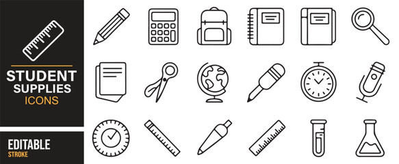 Set of student tools and supplies, including backpacks, rulers, and globes, for classroom and educational projects.