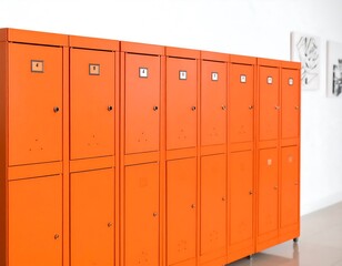 Row of orange lockers in a modern hallway
