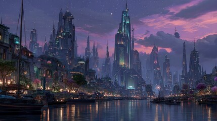 Obraz premium A breathtaking cityscape at twilight, showcasing a futuristic waterfront with towering structures and a calm river reflecting the vibrant sky.