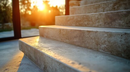 Speckled Gray Stairs Bathed in Golden Sunlight Near Dark Structure and Trees