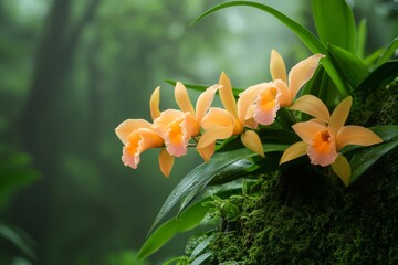 Obraz premium Vibrant orchids in misty tropical jungle environment