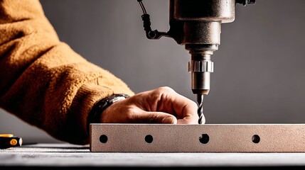 Skilled metalworker operating drill press in workshop with focused lighting