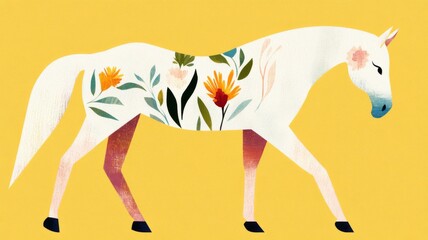 Obraz premium Floral horse design on yellow background for artistic decor and prints