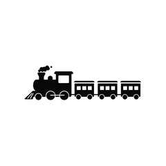 Classic black silhouette of a steam locomotive pulling four passenger cars on a white background © GolamKibria
