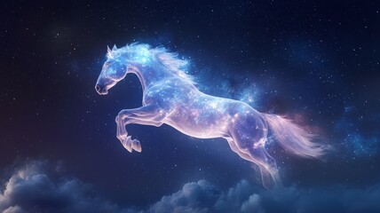 Enchanting celestial horse galloping through a dreamlike starry sky