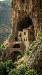 Naklejka premium Ancient stone building nestled in mountain cave