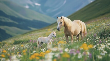 Obraz premium Serene pasture: mare and foal amidst blooming wildflowers in mountain landscape