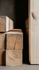 Stacked wooden boards in warehouse with dramatic depth and lighting