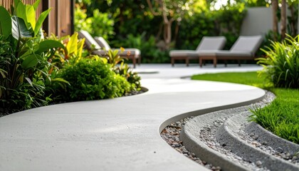 Obraz premium Garden Path with Lounge Chairs and Plantings