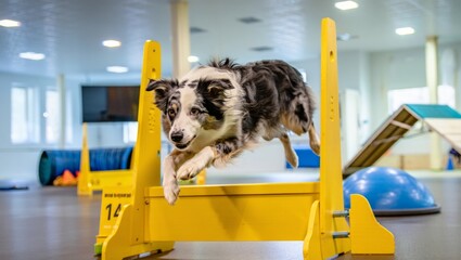 Border collie performing agility jump in indoor dog fitness facility