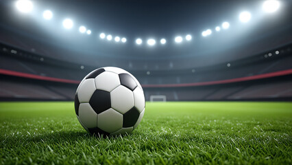 Naklejka premium Classic soccer ball placed on a green grass field, stadium lights shining, sports photography