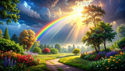 Obraz premium Landscape with Rainbow, Sunbeams, Path, and Flowers