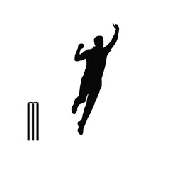 Cricket bowler jumping during game action sport