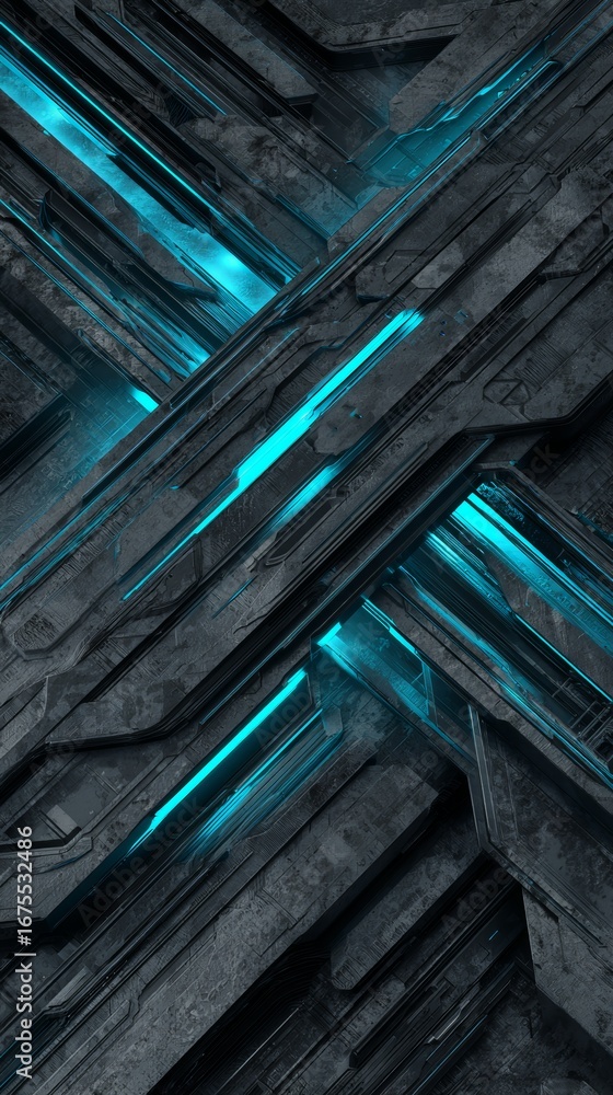 Poster futuristic interlocking metallic structure with teal lighting a cyberpunk dreamscape of angular form