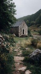 Stone chapel by a path in nature