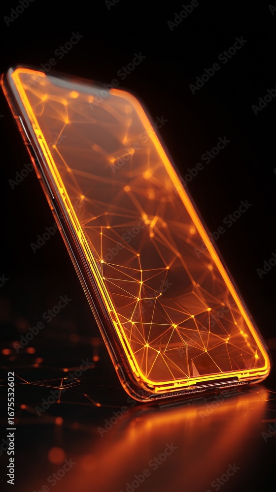 Poster futuristic smartphone displaying abstract orange network technology connection with a glowing border
