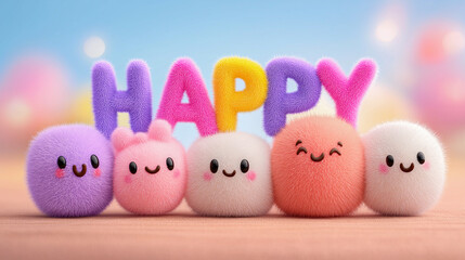 Volumetric 3D fluffy colorful round characters with smiling faces with volumetric multi-colored letters Happy. Spherical cute fluffy colored cartoon characters with eyes and mouth, inscription Happy