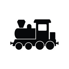 Simple black silhouette of a classic steam locomotive or toy train on a white background