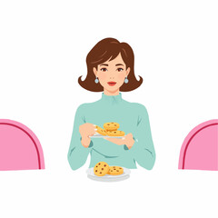 A woman holds a plate of chocolate chip cookies. 