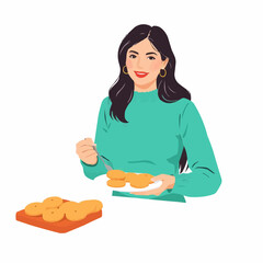 Woman holding plate of cookies and smiling in casual attire  