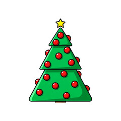 Festive green christmas tree with red ornaments and star decoration transparent background