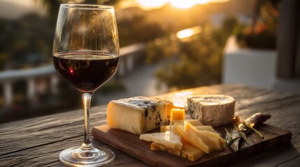 Warm sunset lighting on red wine glass and artisanal cheese platter