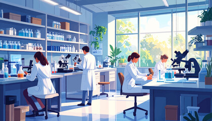 Obraz premium Professional lab scientists at work. Microscopes and lab studies in progress. Modern lab with plant-filled workspace. Focused scientists working in lab. Research in a bright, spacious lab