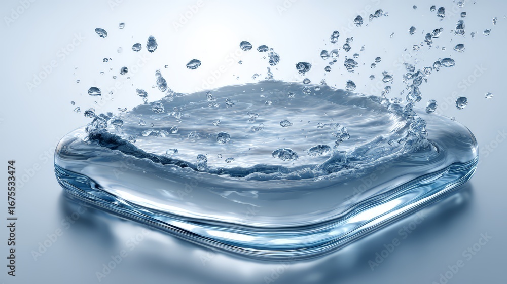 Poster close-up of water splashing on a smooth surface, creating dynamic droplets and ripples.