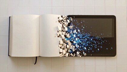 A notebook transforms into a digital tablet, with abstract fragmented particles.