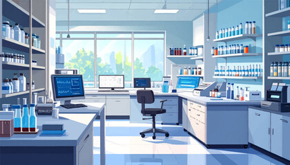 Research lab featuring computers and glass bottles. Professional science lab with equipment. Advanced research laboratory with tools. Sleek lab with computers, monitors, and chemicals