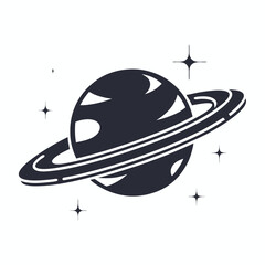 Dark Gray Planet with Rings and Stars Isolated on White Background Style